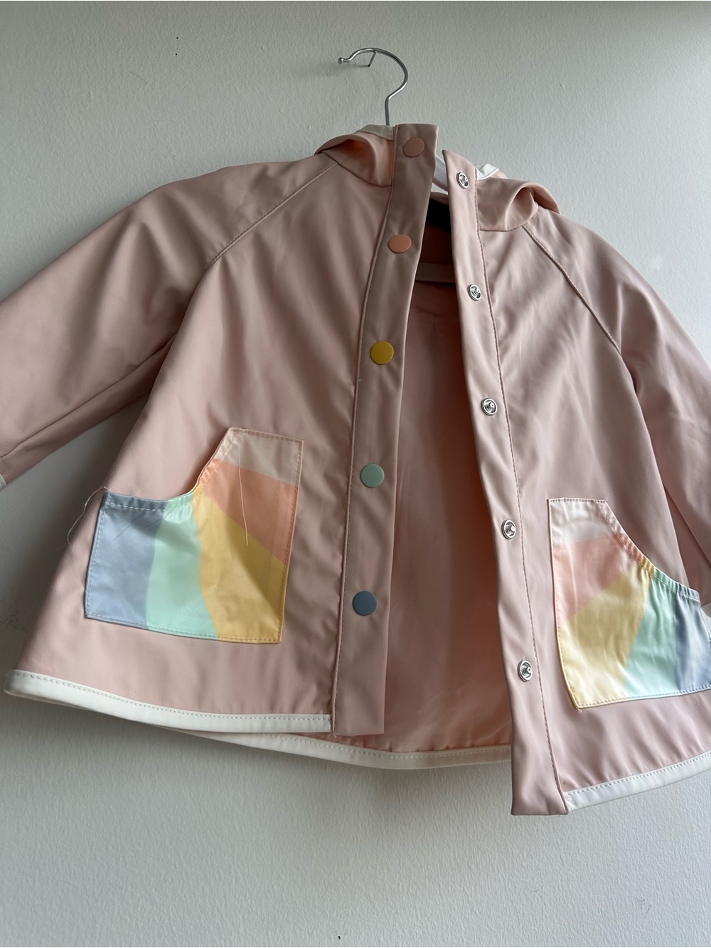 12M Rain Jacket Waterproof Hooded Jacket - Pastel Pink with Rainbow Pockets